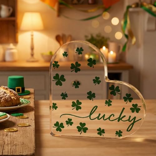 Smile St. Patrick's Day Acrylic Decor - Heart-Shaped Lucky Four-Leaf Clover Tabletop Sign - Irish Holiday Home Mantel Shelf Decoration Gift - style: Four Leaf