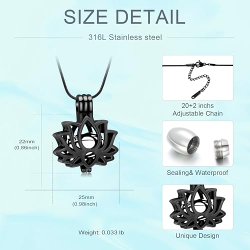 Cremation Jewelry Lotus Flower Urn Necklaces for Ashes Stainless Stell Memorial Ash Pendant Necklaces with Mini Urn Keepsake Ash Jewelry for Men Women Gifts with Funnel Filler Kit - color: Black-Silver