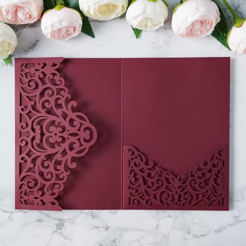 ponatia 20PCS Burgundy Laser Cut Wedding Invitations Pockets, Tri-fold 5x7 Laser Cut Invitation Pockets for Wedding Bridal Shower Quinceanera 15 Anos Invite (No Envelopes & Inner Sheets) - color: Burgundy
