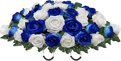 Artificial Roses Cemetery Flowers Outdoor Grave Decorations Saddle Arrangement for Headstone,Tombstone Memorial Decorations,Easy Fit (Darkblue White) - color: Darkblue White