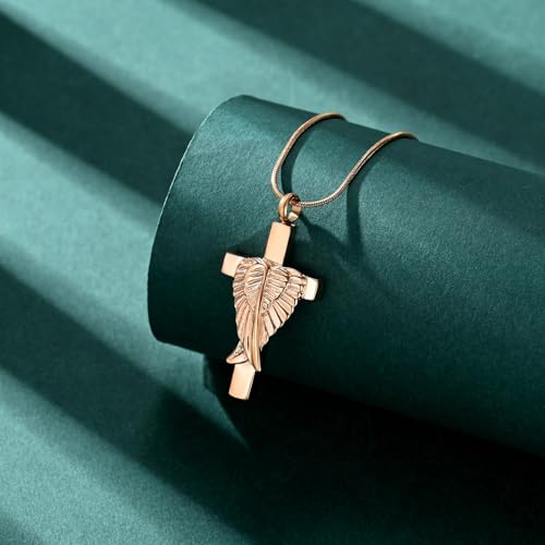 Cross Cremation Jewelry Urn Necklaces Cross Angel Wings Urn Necklaces for Ashes Memorial Keepsake Pendant for Women Men Gifts With Funnel Kit & Bag - color: Rose