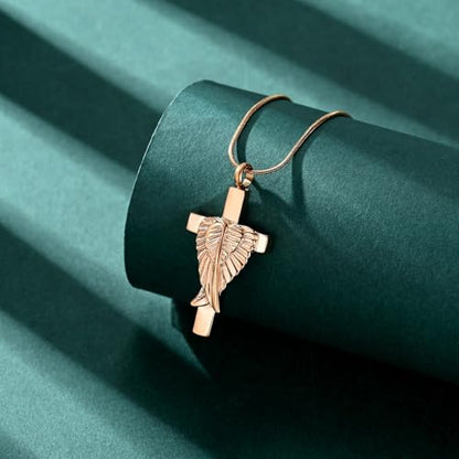 Cross Cremation Jewelry Urn Necklaces Cross Angel Wings Urn Necklaces for Ashes Memorial Keepsake Pendant for Women Men Gifts With Funnel Kit & Bag - color: Rose
