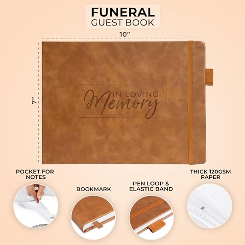 Clever Fox Funeral Guest Book for Memorial Service w/Address, Brown | 10x7 in, 120 pages, Eco leather hardcover, Personalized celebration of life guestbook, Memory book & condolence register - color: Brown