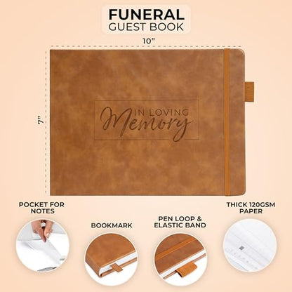 Clever Fox Funeral Guest Book for Memorial Service w/Address, Brown | 10x7 in, 120 pages, Eco leather hardcover, Personalized celebration of life guestbook, Memory book & condolence register - color: Brown