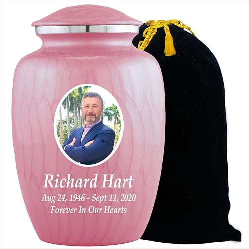 Personalized Photo Cremation Urns for Adult Ashes Male Female - 200lbs Custom Photo Burial Urns for Human Ashes - Engraved Handcrafted Funeral Decorative Urns for Adult with Velvet Bag, Pink Enamel