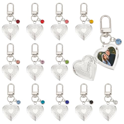 PH PandaHall 12-Pack Heart Locket Charms Memorial Charms Photo Locket Keychain for Custom Keychain Personalized Photo Holder - color: Silver