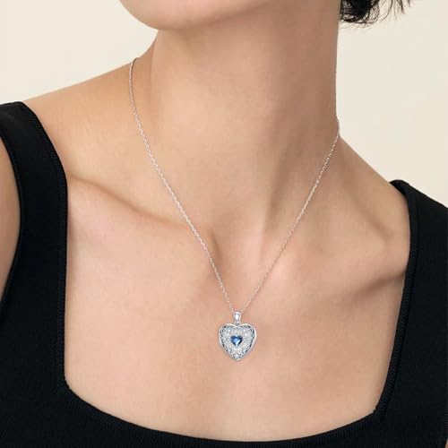 Heart Locket Necklace 925 Sterling Silver Personalized Picture Locket Pendant Birthday Christmas Jewelry Memorial Gifts for Women - color: Silver with Blue