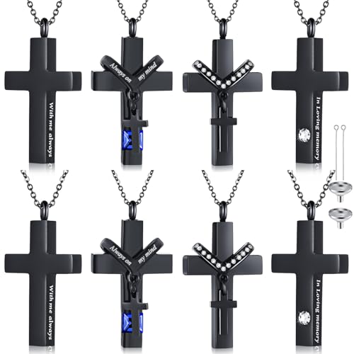 Yinkin 8 Pcs Urn Necklace for Ashes Cremation Cross Necklace Stainless Steel Cremation Jewelry Ashes Memorial Jewelry for Men Women (Black) - color: Black