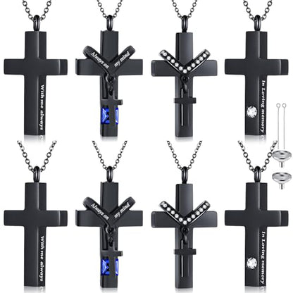 Yinkin 8 Pcs Urn Necklace for Ashes Cremation Cross Necklace Stainless Steel Cremation Jewelry Ashes Memorial Jewelry for Men Women (Black) - color: Black