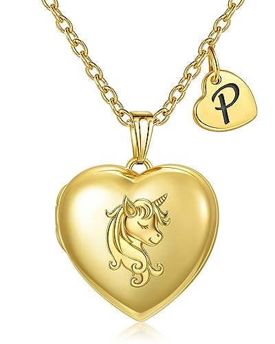 YOUFENG Heart Letter Unicorn Locket Necklace Initial Locket that Holds Pictures Locket Birthday Gifts - color: P