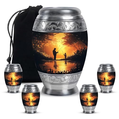 Large Fishing Urn Father Son - Sunset Cremation Urn Human Ashes 10&3 Inch | Pack of 5 Burial Memorial Ash Holders - Urns for Adult Mother & Father - Funeral Ash Container - color: Fisherman-2, size: 10 Inch Large & 3 Inch Keepsake (5-Piece Set)
