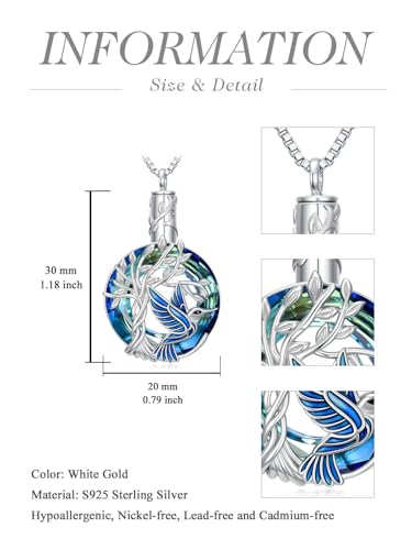 TOUPOP Butterfly Necklace for Women 925 Sterling Silver Tree of Life Butterflies Dragonfly Hummingbird Pendant Necklaces Crystal Jewelry Anniversary Christmas Birthday Gift for Her - color: Hummingbird Blue - Urn
