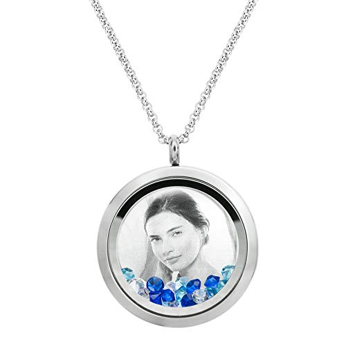 Laser Engraved Personalized Photo & Text Message Floating Locket Crystals Necklace Pendant Handmade Love Note Anniversary Wedding Birthday Gift - style: Blue - Photo + Message Engraving