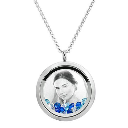 Laser Engraved Personalized Photo & Text Message Floating Locket Crystals Necklace Pendant Handmade Love Note Anniversary Wedding Birthday Gift - style: Blue - Photo Engraving