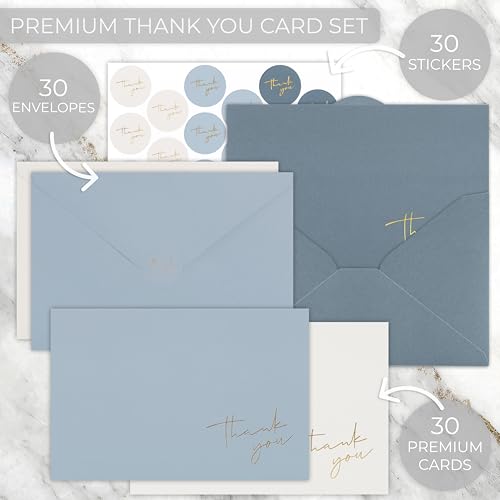 ZICOTO Beautiful Thank You Cards Set of 30 With Envelopes and Stickers - color: Blue