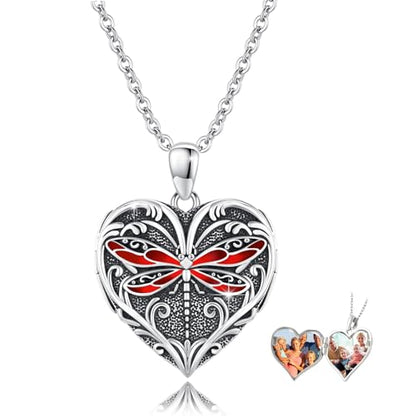 Heart Photo Locket Necklace Sterling Silver for Women | Dragonfly, Butterfly, Turtle, Dog Paw and Mother Daughter Styles, Jewelry Gifts for Mom Christmas Birthday Anniversary. - style: 1-Dragonfly-Red