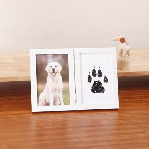 Pet Memorial Double Picture Frame with Paw Print Kit, Natural Wood, Includes Black Ink Pad and Print Papers (White)