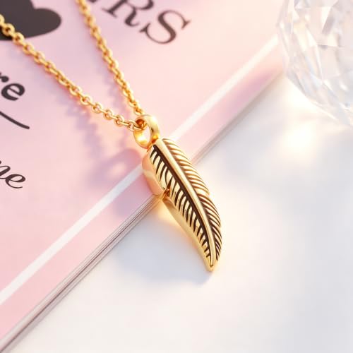 SIYUU Feather Urn Necklace Hold Cremation Ashes Keepsake Memorial Jewelry Stainless Steel Personalized Funeral Jewelry for Women Men - color: Gold
