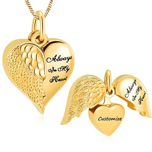 Yinplsmemory Love Heart Urn Necklace for Ashes Keepsake Memorial Cremation Jewelry Stainless Steel Angel Wing Heart Urn Locket Ashes Holder Memorial Urn Jewelry for Human/Pet Ashes - color: Wing Heart-Customize