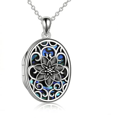 Lotus Locket Necklace Sterling Silver Lotus Flower Locket Necklace That Holds Pictures Yoga Locket Pendant Mother's Day Gifts for Women Wife Mom - style: Abalone Lotus