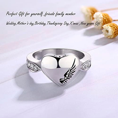 Angel Wing Cremation Ring for Ashes for Women Keepsake Heart Urn Rings for Ashes Stainless Steel Finger Ring (9) - size: 9