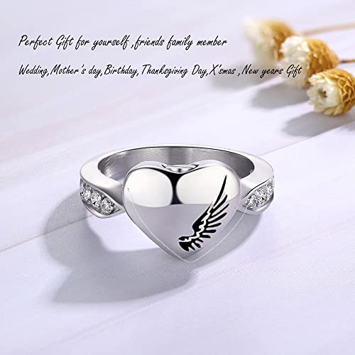Angel Wing Ring for Ashes for Women Cremation Rings for Ashes Heart Urn Rings Stainless Steel Finger Ring (6) - size: 6