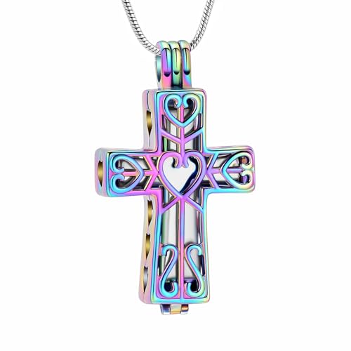 Urn Necklaces for Ashes Cross Cremation Jewelry for Ashes Memorial Ash Pendant with Hollow Keepsake Jewelry Gifts for Loss of Loved One with Funnel Filler Kit - color: Colorful-silver