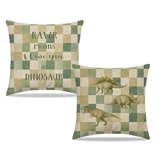 Dibor Dinosaur Nursery Green Checkered Throw Pillow Covers 18x18 Set of 2 - color: Dinosaur