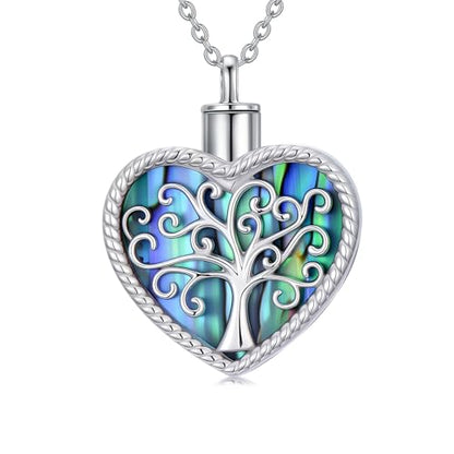 Tree of Life Urn Necklace for Ashes, S925 Sterling Silver Hummingbird/Cross/Love Heart Pendant Cremation Jewelry with Funnel Filler Memorial Keepsake Gifts for Women Men - color: Heart Abalone Shell Urn Necklace