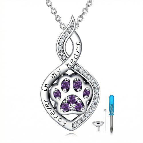 Butterfly/Dragonfly/Pet Paw/Tree of Life/Maple Leaf/Cross Urn Necklace for Ashes 925 Sterling Silver Cremation Pendant Jewelry Gifts for Women Mom - color: Paw-February