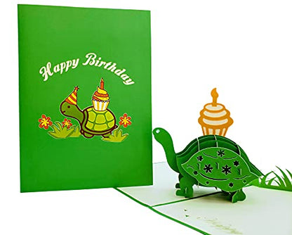iGifts And Cards Happy Birthday Turtle 3D Pop-Up Card – Slow Smiles 5"x7" | Belated Tortoise With Cupcake, Cake & Candle, Animal Theme, Late Celebration, Playful Surprise, Friend, Boss, Daughter, Son - color: Turtle Cupcake