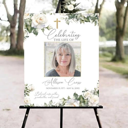 White Flowers and Greenery Funeral Welcome Sign, Celebration of Life Welcome Sign, in Loving Memory Sign, Celebration of Life Funeral Sign, Celebration of Life Sign, Memorial Sign with Photo #fR123 - color: Version #16
