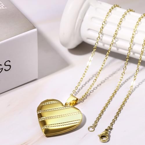OIDEA Locket Necklace for Women: Gold Photo Lockets that Hold Picture Stainless Steel Necklace with Picture Inside Birthday Mothers Day Jewelry Gifts for Womens - color: stripes heart - gold custom