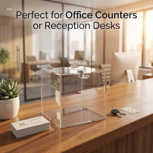 QWORK Acrylic Donation & Suggestion Box 6x6x6 Inches – Clear Lockable Design for Office, Event & Counter Use