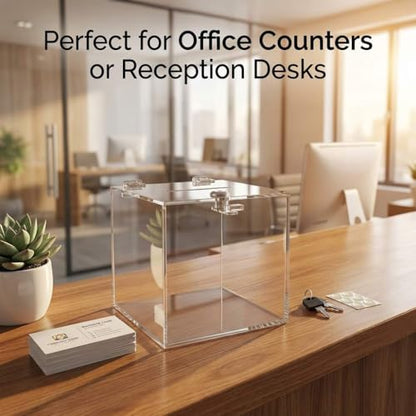 QWORK Acrylic Donation & Suggestion Box 6x6x6 Inches – Clear Lockable Design for Office, Event & Counter Use