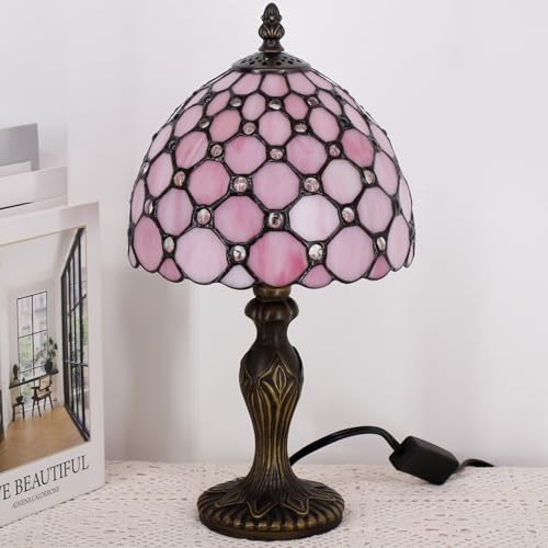 Small Tiffany Stained Glass Table Lamp,Pink | Mini Desk Accent Light, Bedroom Bedside Reading, Antique Style Decor, 8X15 Inches - color: Pink
