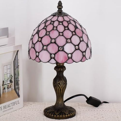 Small Tiffany Stained Glass Table Lamp,Pink | Mini Desk Accent Light, Bedroom Bedside Reading, Antique Style Decor, 8X15 Inches - color: Pink