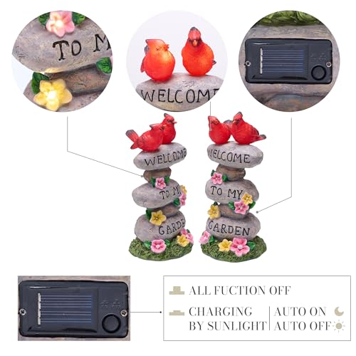 TERESA'S COLLECTIONS Cardinal Garden Decor with Outdoor Solar Lights 11" | LED light Garden Statues, Welcome Yard Sign Rocks & Flower Resin Valentines Decorations, Gifts for Mom Yard Decor
