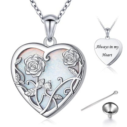 Yearace Urn Necklace for Ashes Sterling Silver Filigree Locket Necklace that Holds Pictures Heart Keepsake Memorial Necklace Cremation Jewelry for Ashes for Women Men - style: Opal Rose Urn Necklace