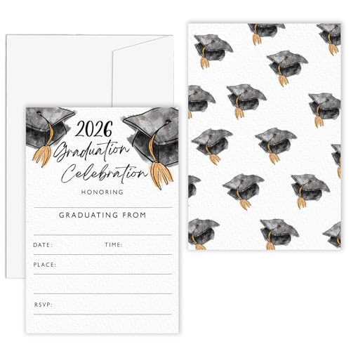 DETIHO Graduation Party Invitations 2026, Watercolor Cap Graduate | Celebration Invites with Envelopes | 20 Pack Grad Announcement Cards - G01 - style: Watercolor Cap
