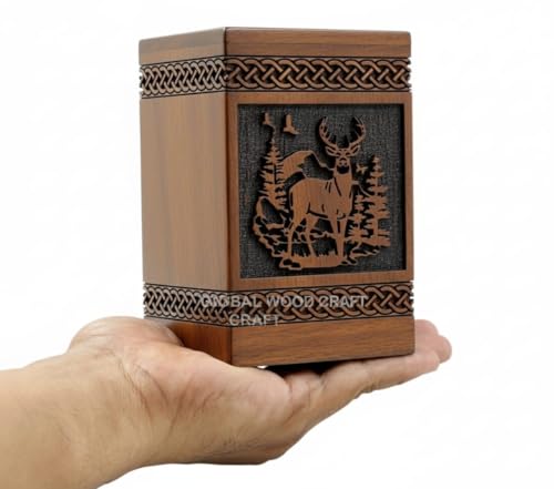 Handcrafted Wooden Cremation Urn for Ashes – Premium Polished Wood with Engraved Deer & Forest Design, Celtic Knot Detailing – Memorial Urn for Human Ashes, Keepsake
