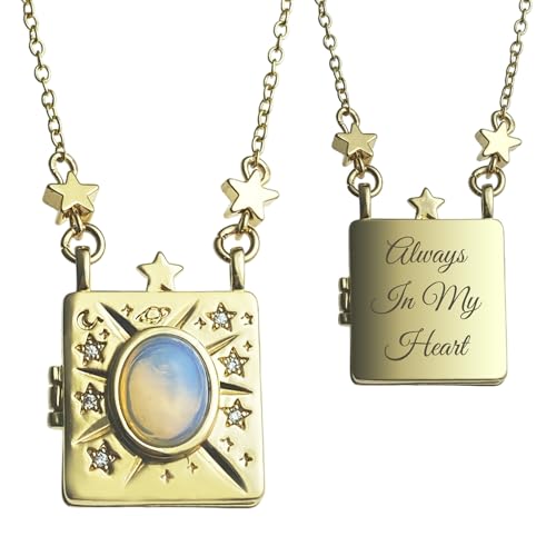 Vintage Opal Stone Embossed Galaxy Star Moon Photo Locket Pendant Book of Love Necklace Holds Pictures DIY Gifts - color: Gold - 1 Text