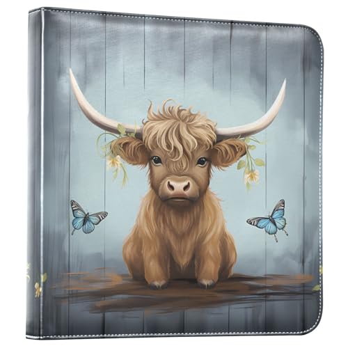 JIPONI Highland Cow and Butterfly Large Photo Album, DIY Leather Cover Scrapbook Albums for 4x6 5x7 6x8 Pictures, Self Adhesive Memory Book for Wedding, Baby, Family - color: Highland Cattle