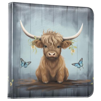JIPONI Highland Cow and Butterfly Large Photo Album, DIY Leather Cover Scrapbook Albums for 4x6 5x7 6x8 Pictures, Self Adhesive Memory Book for Wedding, Baby, Family - color: Highland Cattle