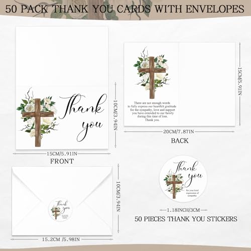 Spakon 50 Pack Funeral Thank You Cards with Envelopes and Stickers Bulk 4x6 Inch Sympathy Bereavement Thank You Cards with Message Floral Cross for Funeral Family, Celebration of Life(Cross)