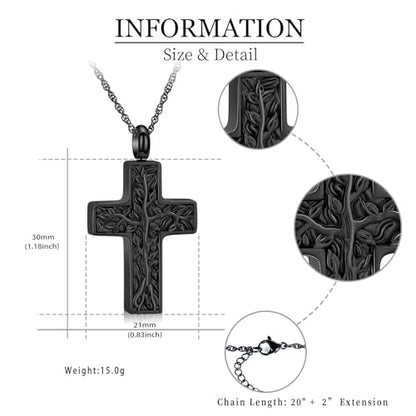shajwo Tree of Life Cross Cremation Jewelry Urn Necklaces for Ashes | Memorial Ashes Pendant Necklace of Loved One Women Men Ashes Keepsake Necklace - color: Black