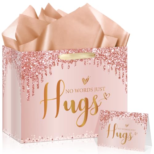 Sympathy Gift Bag for Loss of Loved One Sympathy Gifts Bag with Wrapping Paper and Greeting Card Rose Gold No Words Just Hugs Gift Wrapping Bag Thinking of You Encouragement Bereavement Party Supplies - color: Rose Gold