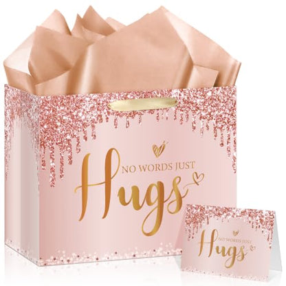 Sympathy Gift Bag for Loss of Loved One Sympathy Gifts Bag with Wrapping Paper and Greeting Card Rose Gold No Words Just Hugs Gift Wrapping Bag Thinking of You Encouragement Bereavement Party Supplies - color: Rose Gold