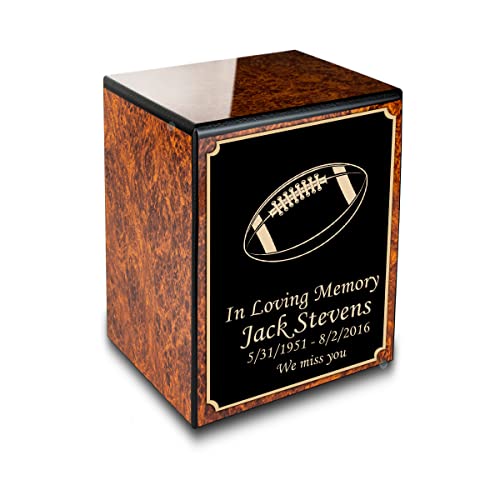 GetUrns Custom Football Small Urn Box for Human Ashes I Personalized Wooden Keepsake Cremation Urn for Male or Female I Burl Wood Memorial Box I 40lbs - color: Football