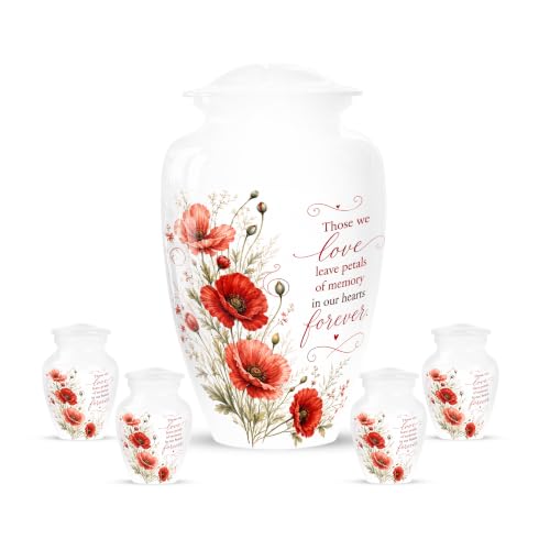 Red Flower Urns for Human Ashes Adult Female - Urn for Ashes for Women | White Memorial Urns for Human Ashes, It is Holds Upto 200 Cubics and 2/3 Tablespoon of Ashes, Set of 10" and 3" Pack of 4 - color: #11 Flower Urn, size: Combo Pack of 5